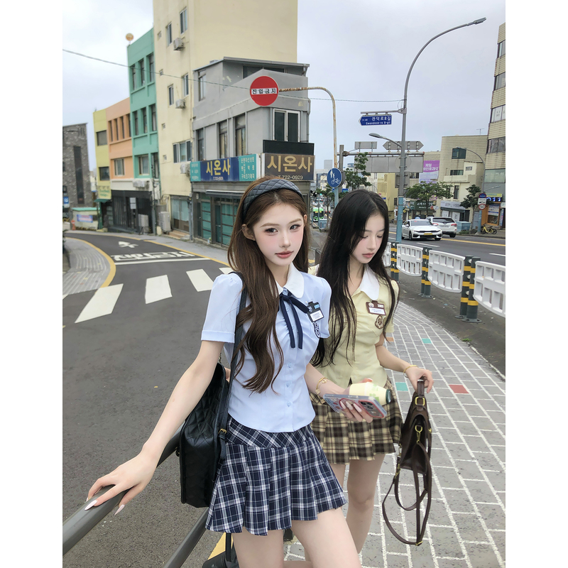 Mochi【Seoul Study Room】College-Style Bow-Tie Waist-Cinching Shirt Slimming Plaid Skirt Set
