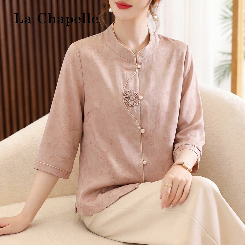 La Chapelle Mother's Day Gift for Mom, Summer Chinese-Style Shirt, New Chinese-Style Three-Quarter Sleeve Blouse for Middle-Aged and Elderly Women
