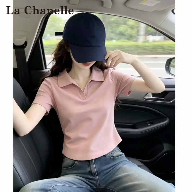 La Chapelle Korean-Style Pink Polo Collar Short-Sleeve T-Shirt for Women, New Summer Fashion Slim-Fit Top with Turn-Down Collar La Chapelle Korean-Style Pink Polo Collar Short-Sleeve T-Shirt for Women, New Summer Fashion Slim-Fit Top with Turn-Down Collar