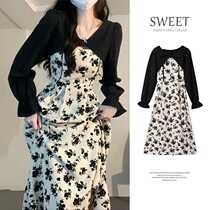 French floral dress for small people pear-shaped figure high-end 2023 new autumn suit long skirt
