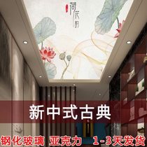 Chinese style ceiling decorative panel art glass classical lotus corridor aisle ceiling acrylic panel light transmission