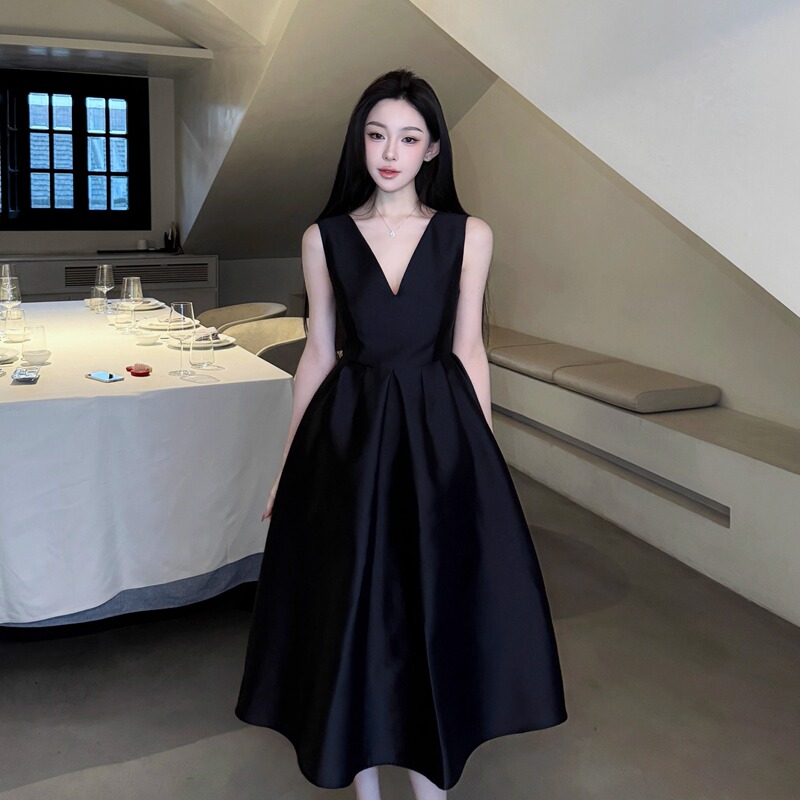 Youenbb【Passionate Waltz】Black V-Neck High-End Satin Texture Dress, Slimming Black Dress in Hepburn Style