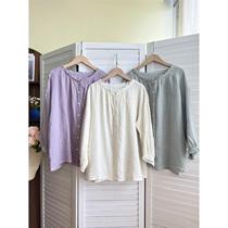 Japanese literary retro pure linen shirt round neck thin loose versatile commuting shirt