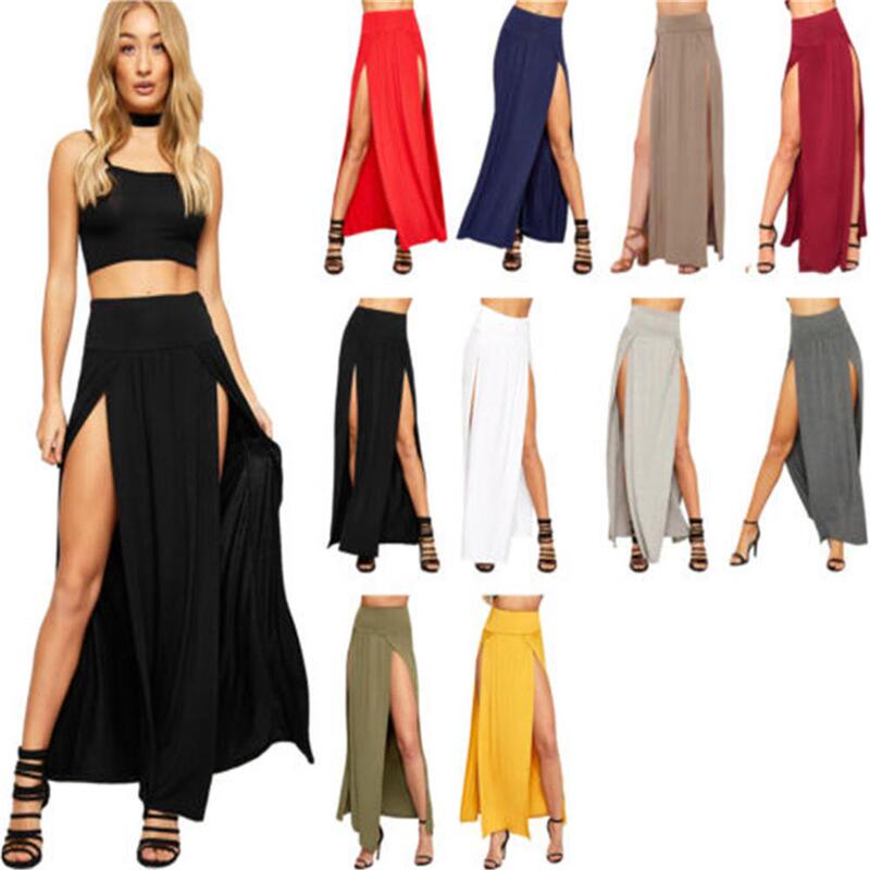 Solid Color Waist Irregular Slit Long Skirt