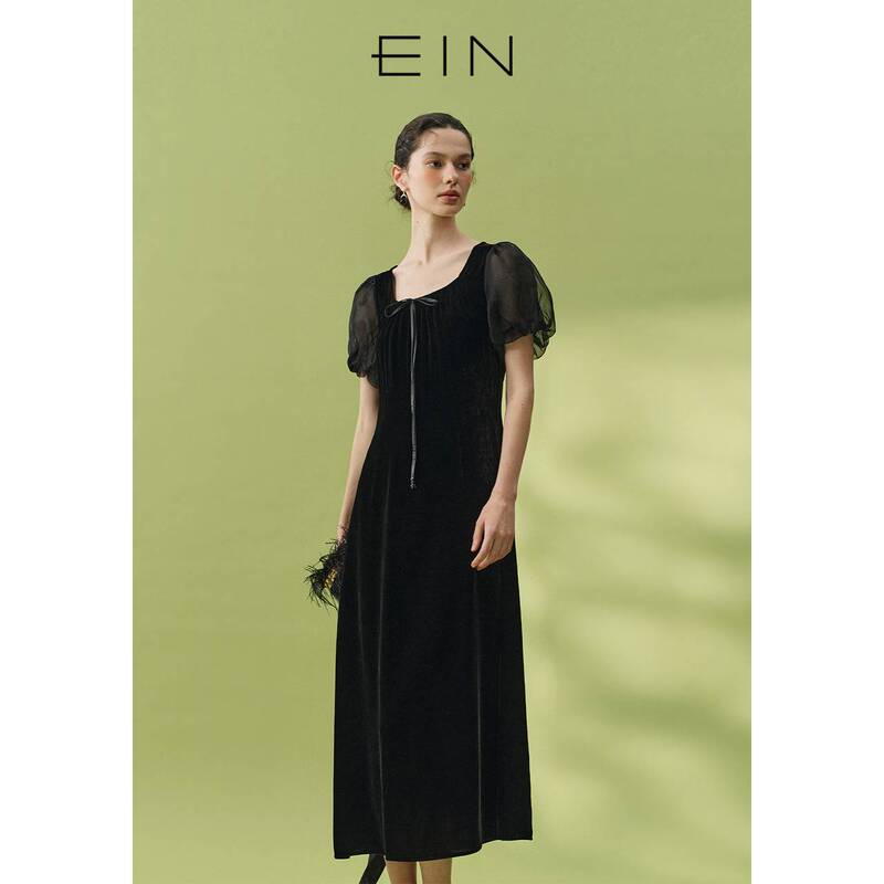 【E·】Summer Light Dress with a Courtly Feel, U-Neck Lace-Up Dress