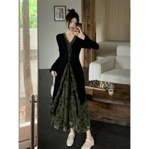 New large size fat mm new Chinese style suit V-neck splicing long-sleeved cardigan womens autumn elastic waist skirt two