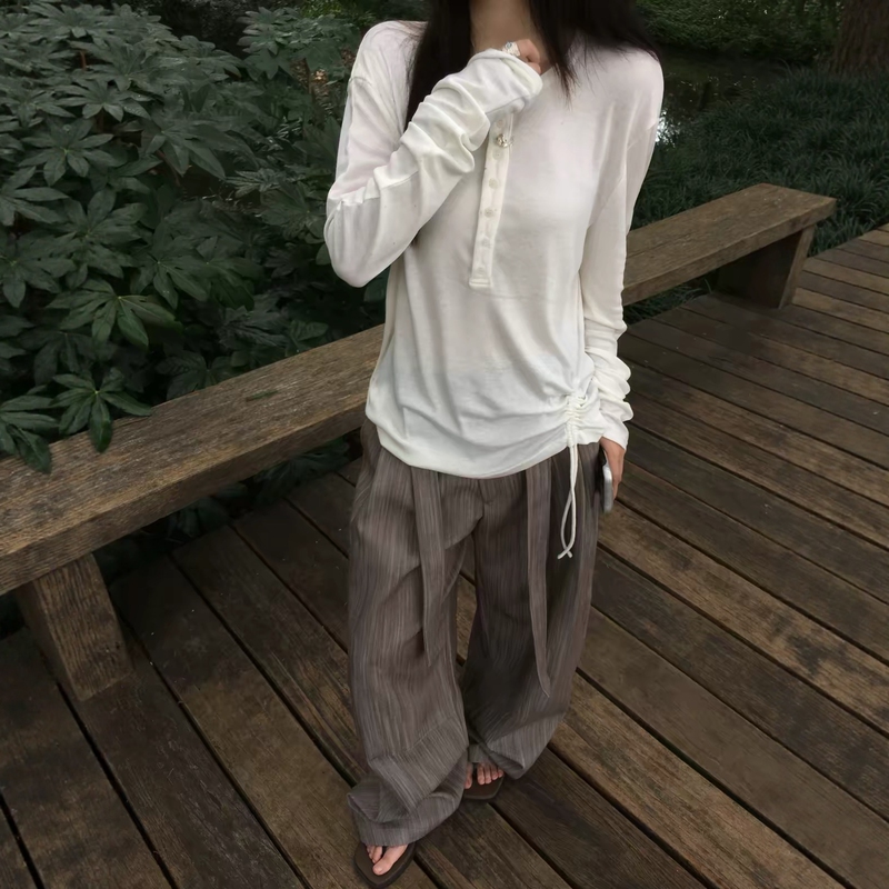 Staythenight Blouse, Multi-Form Wrinkled, Lightweight Linen, Tencel Floral Yarn Texture, Henry Collar, Long-Sleeved T-Shirt