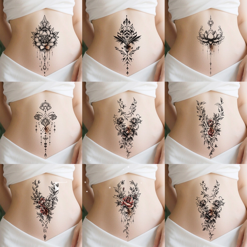 8 Pieces of Colorful Tattoo Stickers for Men and Women, Waterproof, Long-Lasting, High-End Feel, Floral Temporary Tattoos for Covering Scars on the Lower Abdomen