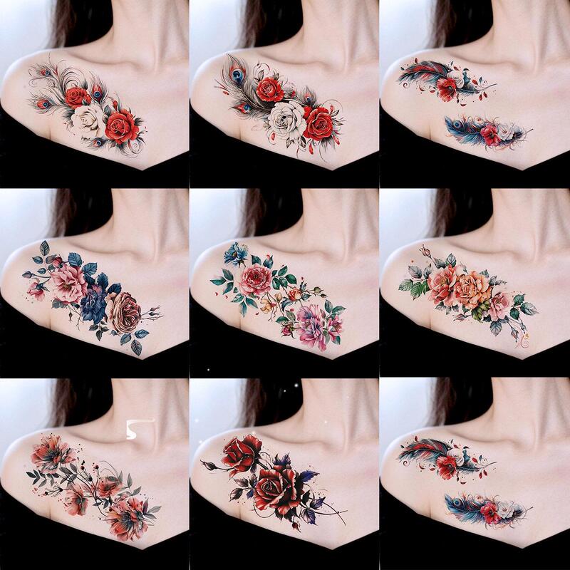8 Pieces of Colorful Tattoo Stickers for Men and Women, Waterproof, Long-Lasting, High-End Feel, Temporary Floral Tattoos for Covering Scars on the Collarbone