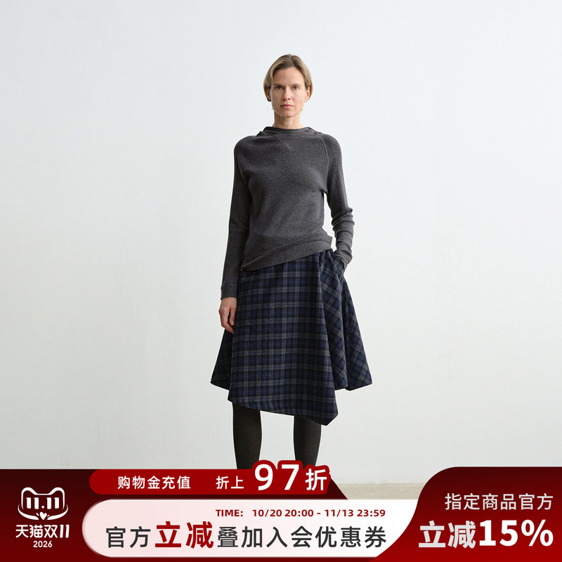 Romi Studio Classic Retro Sheep Wool Blend Asymmetrical Brushed Plaid A-Line Skirt 431X6102