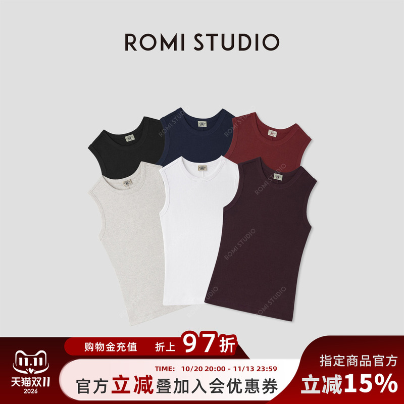 Romi Studio Comfortable and Simple Retro Cotton Stretch Ribbed Round Neck Knitted Sleeveless Camisole for Women Summer