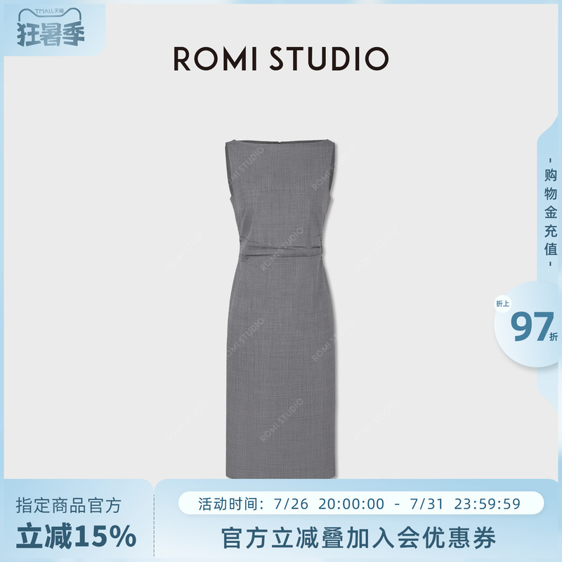 Romi Sutdio Wool Blend Boat Neck Sleeveless Dress Hip-Hugging Skirt Women's Slim Fit Rwdrlg3140