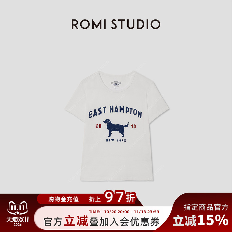 Romi Studio Summer Long-Staple Cotton Retro Matte Printed Puppy Short-Sleeved T-Shirt for Women Rw24Asy0706 Romi Studio Summer Long-Staple Cotton Retro Matte Printed Puppy Short-Sleeved T-Shirt for Women Rw24Asy0706