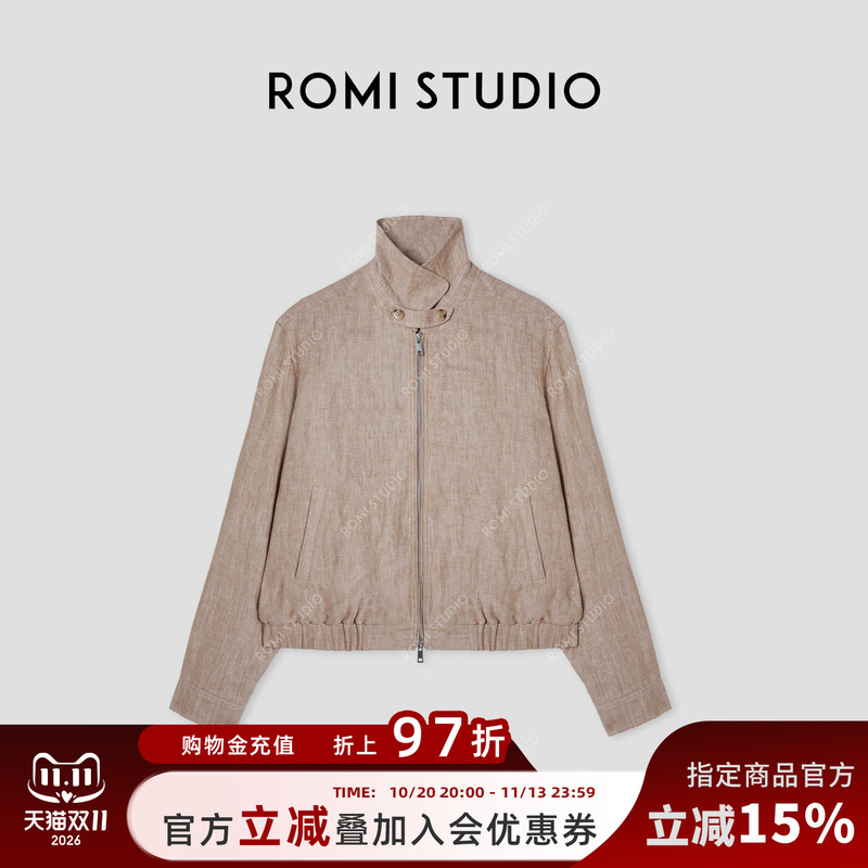 Romi Studio “Between the Mountains” Linen Stand Collar Waist-Tightening Bomber Jacket 431W6038
