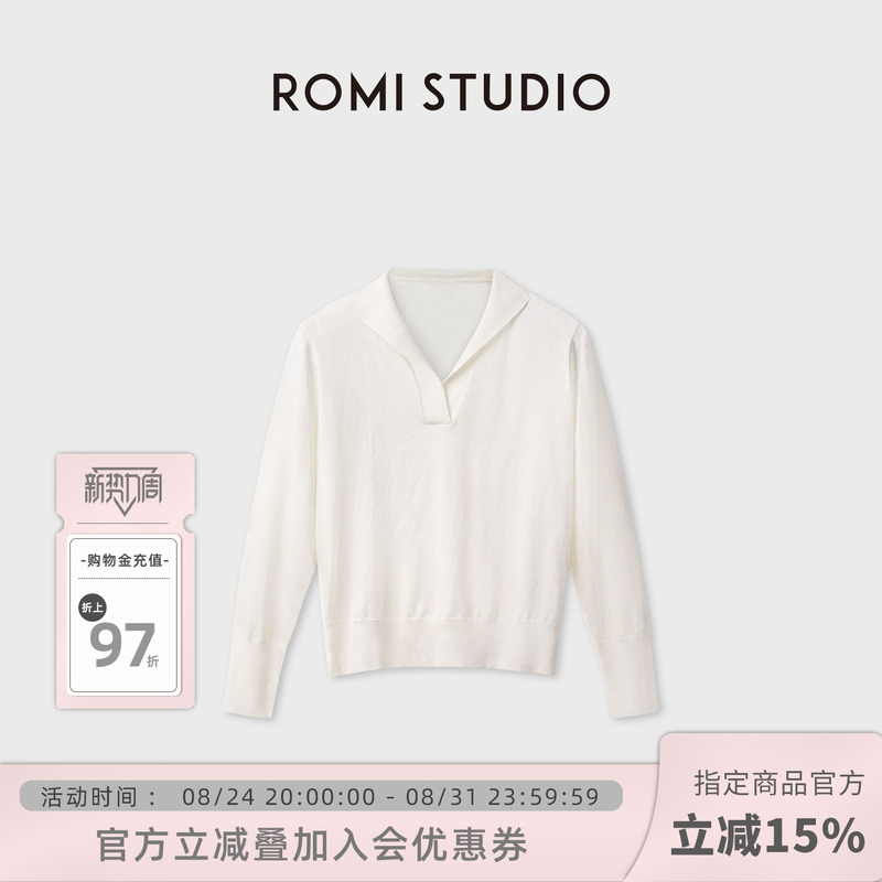 Romi Studio Machine Washable Cotton Cashmere Knitted V-Neck Polo Vintage Long-Sleeved T-Shirt for Women Rwdas64567