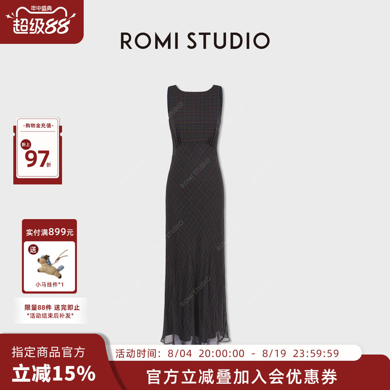 Romi Studio Relaxed and Elegant 100% Mulberry Silk Waist-Cinching Sleeveless Plaid Dress Rwcrlg6943 Romi Studio Relaxed and Elegant 100% Mulberry Silk Waist-Cinching Sleeveless Plaid Dress Rwcrlg6943