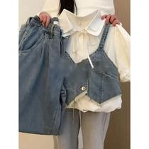 polo collar puff sleeve shirt denim vest wide leg pants three-piece summer age-reducing fashion small fresh suit for women