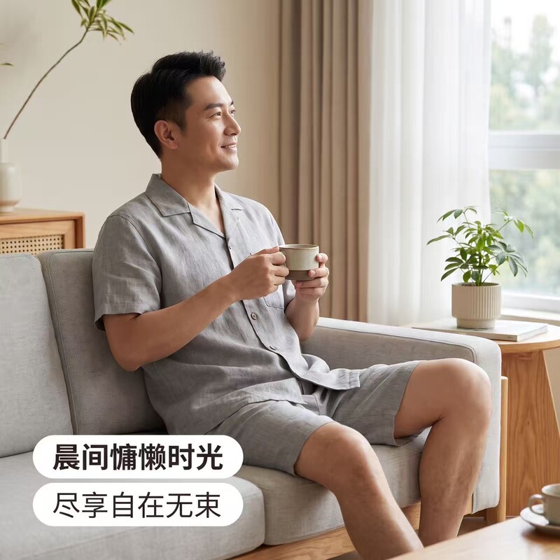 Hemp Home Wear Men's Set Short-Sleeved Hemp Double Rain Dew Fabric Double Primary Color 24 Count 14 Count Hemp Home Wear Men's Set Short-Sleeved Hemp Double Rain Dew Fabric Double Primary Color 24 Count 14 Count