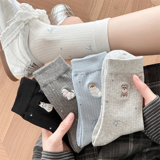 小狗条纹袜子女中筒袜潮袜春秋可爱卡通蝴蝶结女生堆堆长袜MM