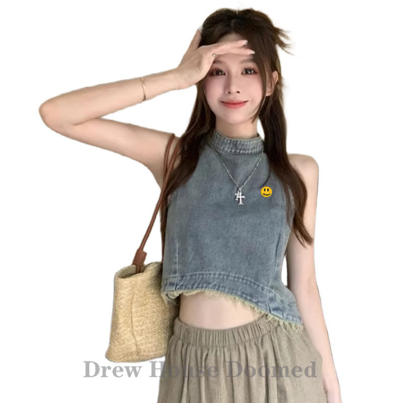 Drew House Doomed Smiley Face Retro Irregular Denim Vest Summer Short Top