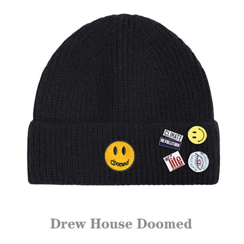Drew House Doomed Smiley Face Badge Knitted Hat Winter Warm Versatile Woolen Hat for Men