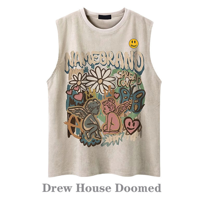 Drew House Doomed Smiley Face Fun Print Couple Vest American Style Sports Tank Top T-Shirt