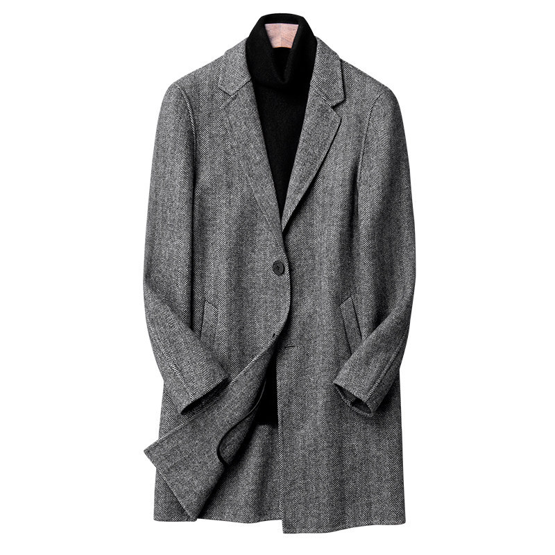 Men's New Autumn and Winter Coat, Handmade Double-Sided Woolen Korean-Style Mid-Length Slim-Fit Trench Coat Without Cashmere