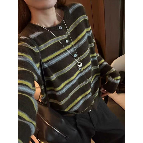 [Green, Gray, and Yellow Striped Cardigan] Knitted Sweater, Loose Fit, Slimming, Casual, Fashionable, Versatile Sweater