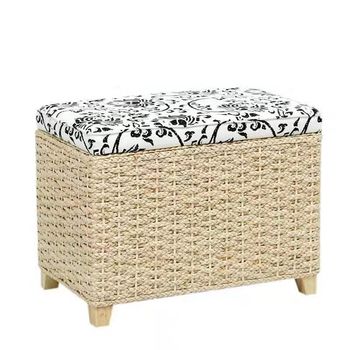 Grass and rattan woven simple solid wood storage stool dressing stool hall shoe change stool storage stool box y bed tail stool small stool