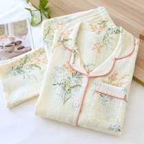 Japanese pajamas spring and autumn womens pure cotton double-layer gauze thin long-sleeved crepe loose summer home wear two-piece set