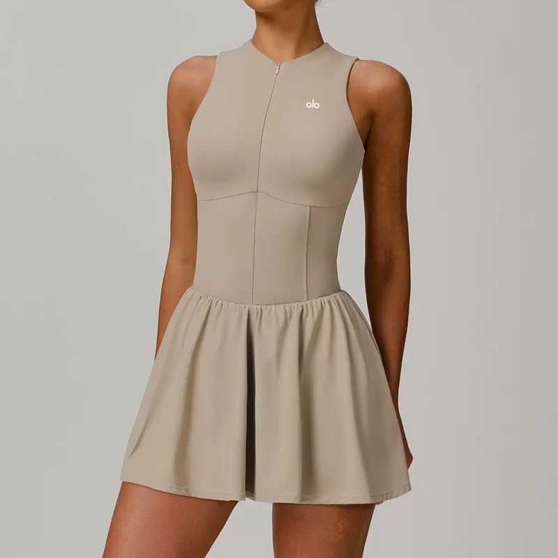 American Yoga Tennis Dress, Two-Piece Style with Stand Collar and Zipper, Includes Chest Pads, Outdoor Running Anti-Exposure A-Line Skirt