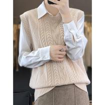 Pure wool knitted twist vest solid color vest for women autumn and winter round neck rhombus loose Korean style outer waistcoat top