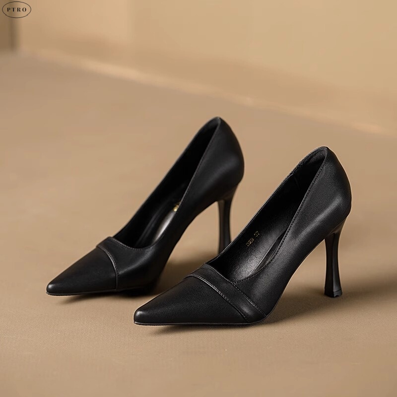 Genuine Leather Black Professional High-Heeled Shoes for Women 2026 New Spring and Autumn Pointed Toe Shallow Mouth Stiletto Heels Comfortable for Long Standing Work Shoes