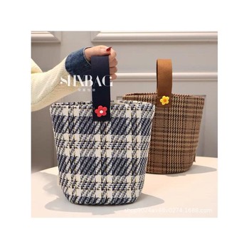 Fashionable and Simple Plaid Korean Canvas Bucket Bag, Casual and Versatile Mommy Bag, Thickened Lunch Box Bag, Handbag