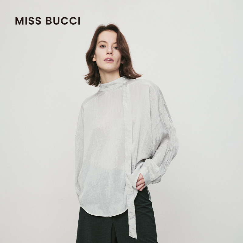 MISS BUCCI25秋冬新品女士纯色系带设计通勤简约休闲长袖衬衫上衣