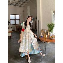Fat sister color oil painting suit for women summer 2024 new style lace slit blouse short-sleeved dress two-piece set