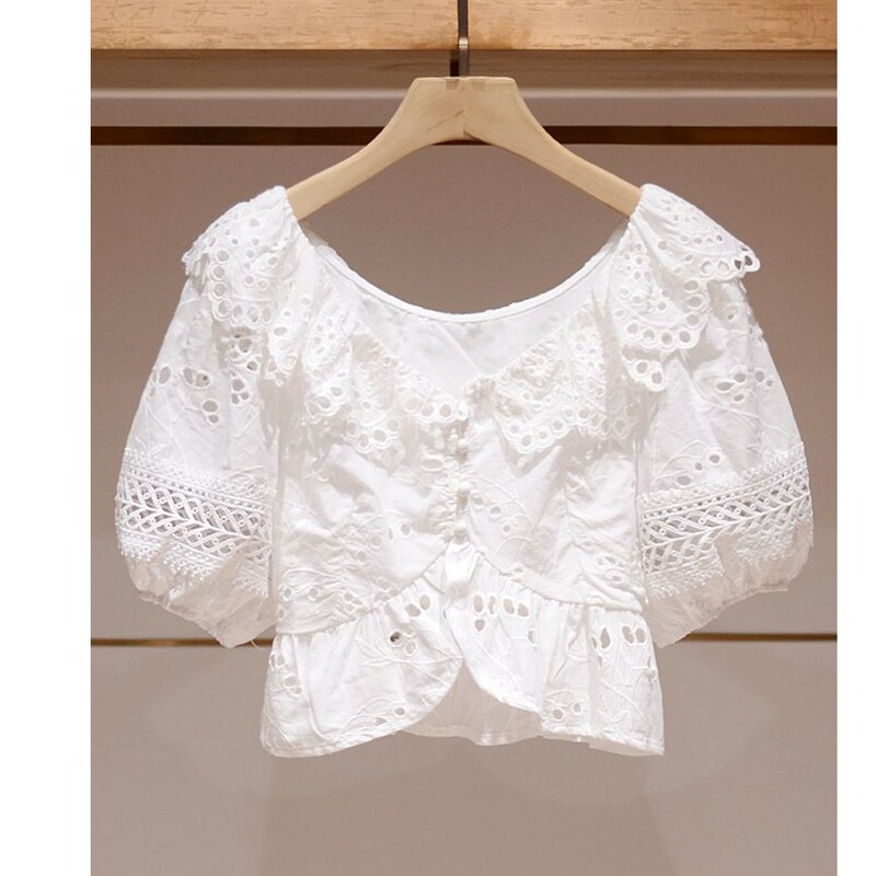 Unique and Exquisite Puff Sleeve Top 2026 Summer New Style Ruffled Off-Shoulder Hollow White Shirt
