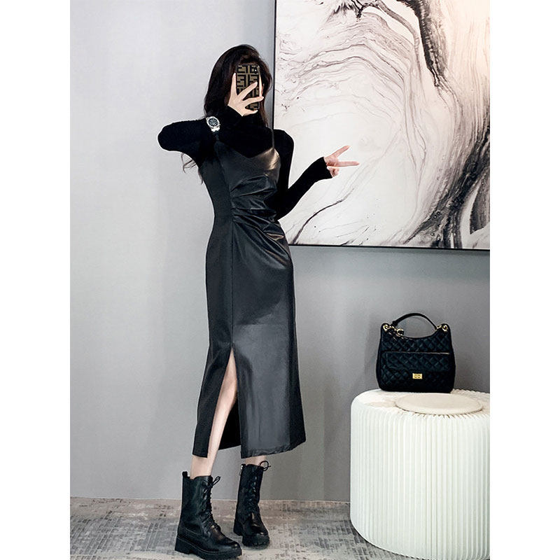 2026 New Autumn and Winter Suspender Leather Skirt Dress for Women, Cool and Elegant Style, Slim Fit, Long Skirt, Pu Leather Skirt