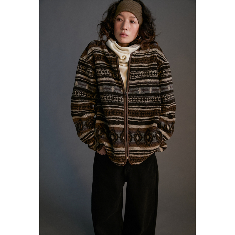 Cloud Velvet 01 Jacket Inhug/Fair Isle Jacquard Lamb Wool Collarless Long Sleeve Zipper Jacket