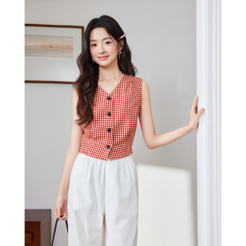 Ief/Ai Yifu [Petite Size] Versatile Outerwear Vest T-Shirt Plaid Pattern Summer New Fashionable and Stylish Top