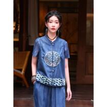 2024 new summer style retro ethnic style sleeveless denim top for women new Chinese style heavy industry embroidered vest for women 9381
