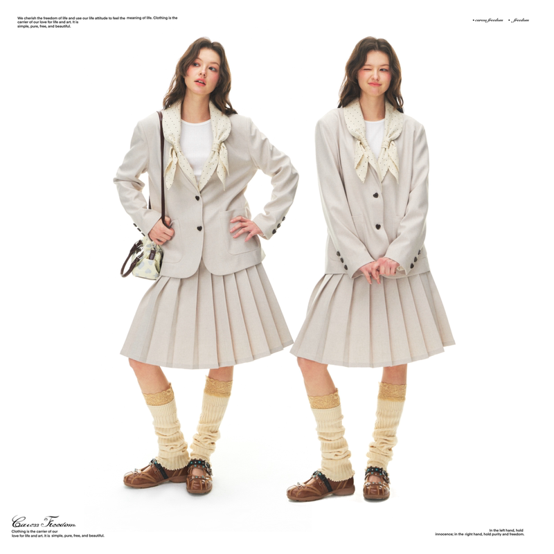 Caressfreedom "Porty Holiday" Polka Dot Bow Handmade Blazer Pleated Skirt Set Autumn