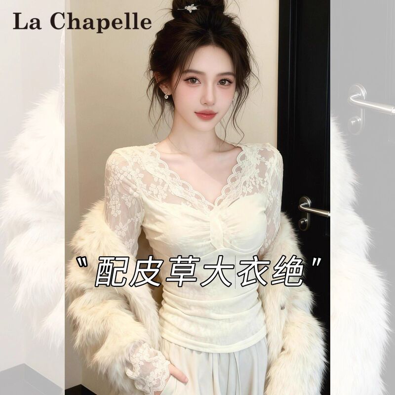 La Chapelle Korean-Style Lace V-Neck Hollow-Out Long-Sleeve T-Shirt for Women, Autumn Pure Desire Style, Slim Fit, Inner Wear Top