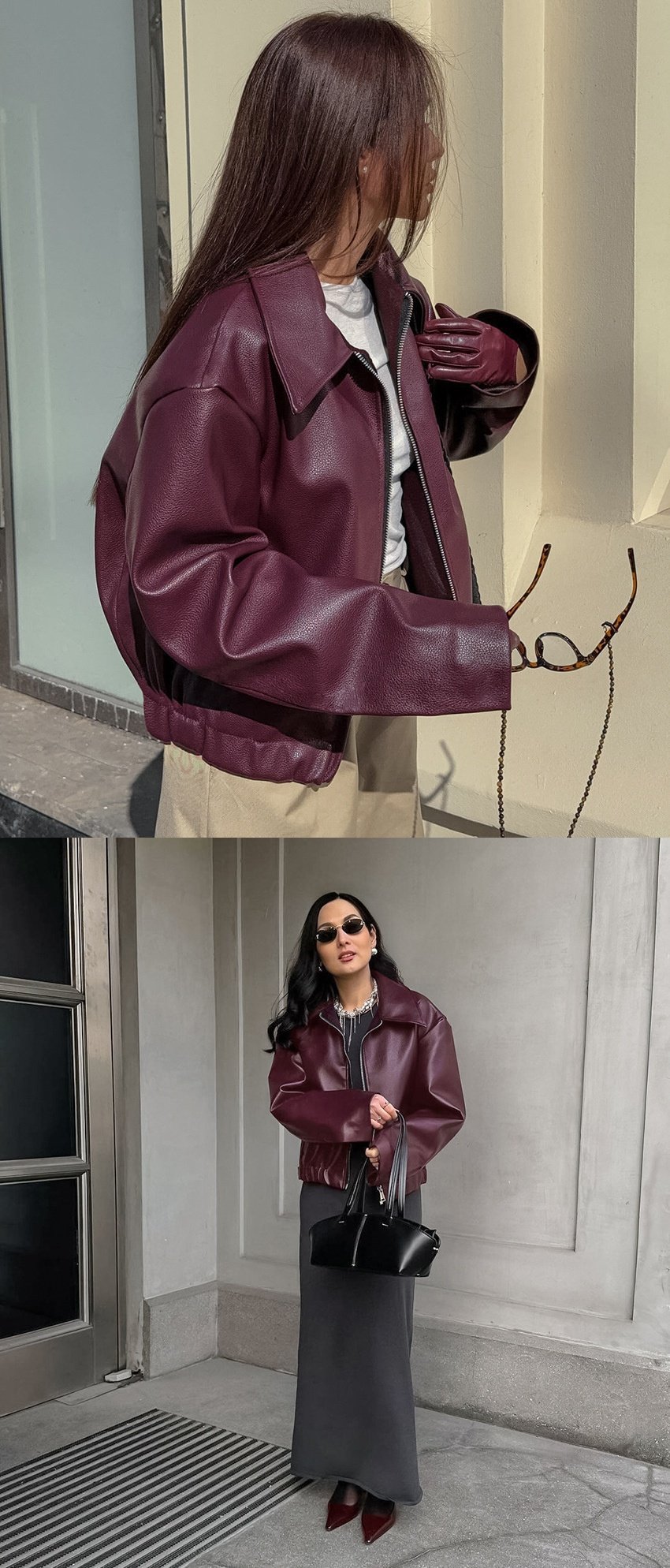 Кожаная куртка 欧美复古机车风酒红色皮衣女时髦哑光皮夹克外套女leather jacket