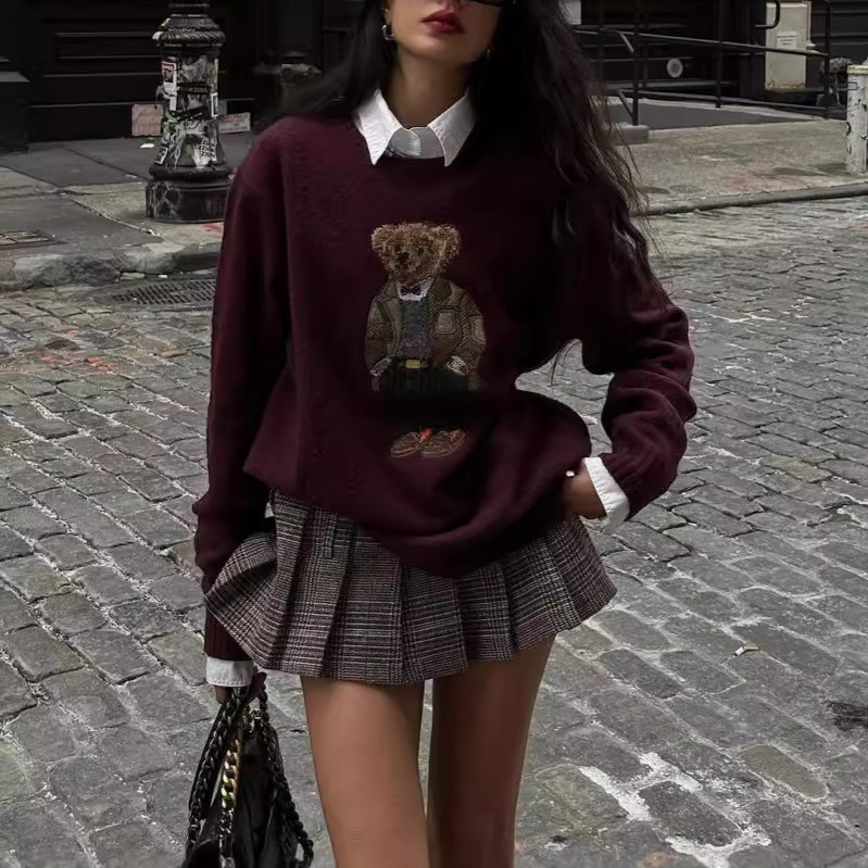 Sweater Bear Embroidery Round Neck Slim Fit Sweater Autumn and Winter Cartoon Preppy Style Natasha Knitwear Top for Women