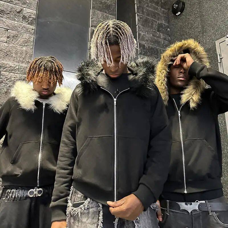 Dark Faux Fur Collar Harajuku Hiphop Y2K Zip up hoodie Overs