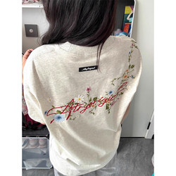 American High Street Preppy Style Floral Embroidered Pure Cotton Short-Sleeved T-Shirt, Summer Couple's Loose Design High-End Top