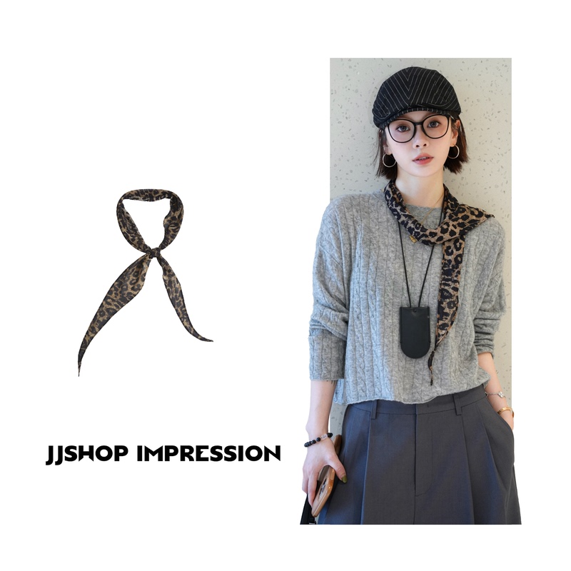 [Leopard Print Scarf] Jjshop Impression All-Season Vintage Leopard Print Small Ribbon Scarf for Women