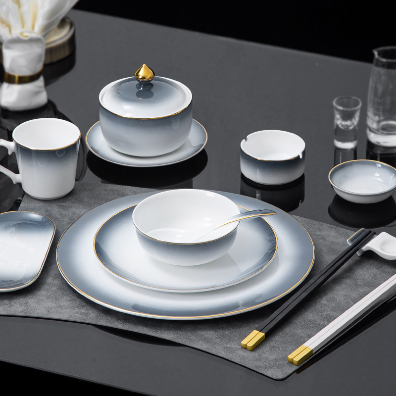 Bone China Star Hotel Tableware Set with In-Glaze Color Gradient Gray, High-End Club Commercial Reception Private Room Plates and Bowls Bone China Star Hotel Tableware Set with In-Glaze Color Gradient Gray, High-End Club Commercial Reception Private Room Plates and Bowls