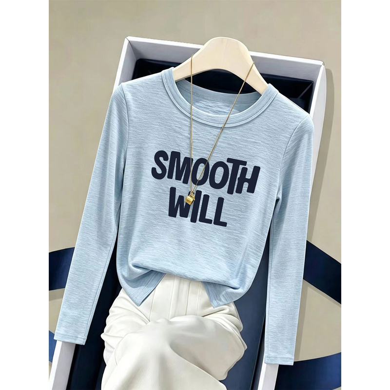 Niche Light Blue Ultra-Comfortable Snowflake Cotton Thin Long-Sleeve T-Shirt for Women, Fashionable and Versatile, Age-Reducing Top, New Autumn Style
